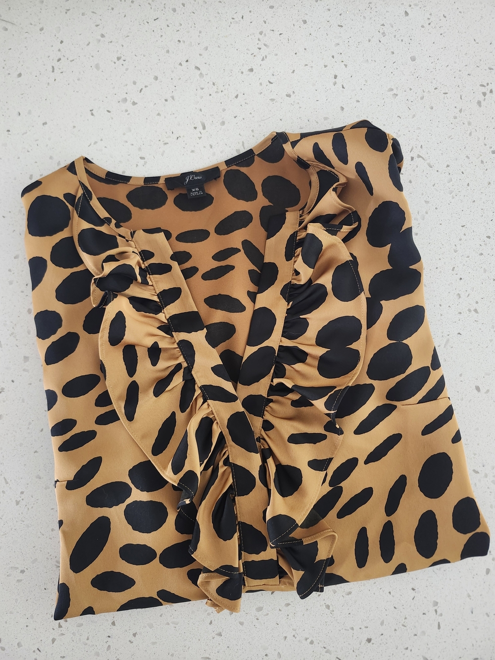 J. Crew Mustard and Black Ruffle-Front Leopard Print Blouse